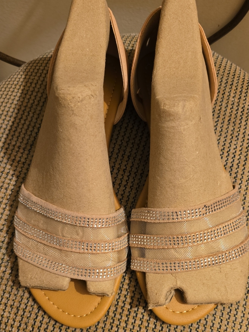 Rhinestone-Trim Beige Wedge Sandals - Women's Slingback Wedges